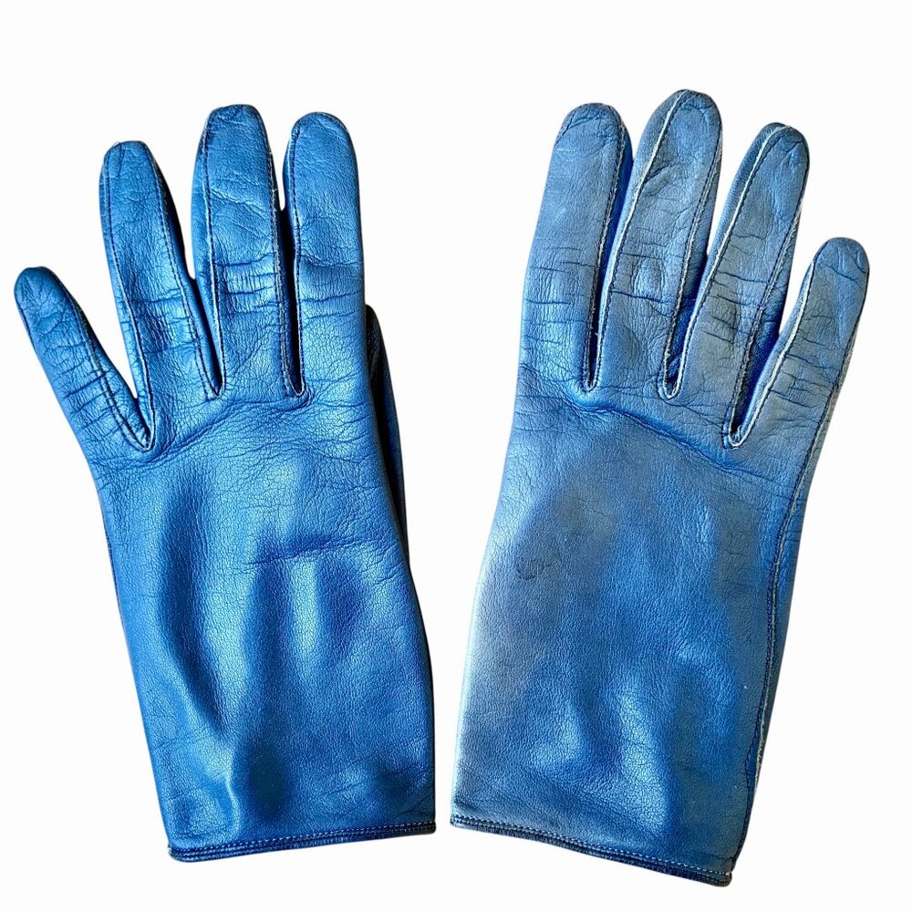 Vintage 70's Blue Leather Gloves Button Womens 7 DAMAGED